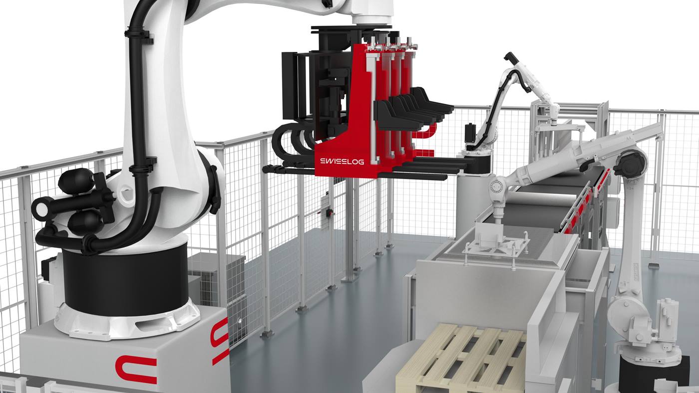 La soluzione ACPaQ basata su robot di Swisslog esegue la pallettizzazione di casse miste per pallet adatti ai negozi.